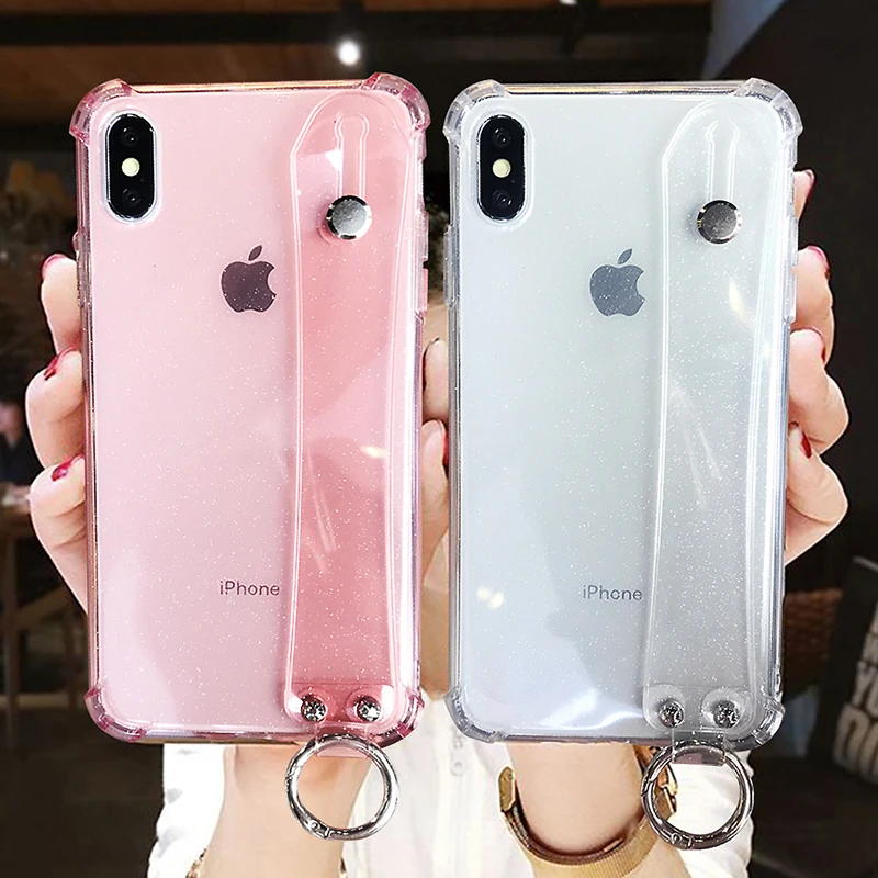 

Shining Glitter Powder Phone Case For iPhone XR X XS Max 8 7 Plus 6 6S Plus Transparent Soft Silicone Wrist Strap Back Cover