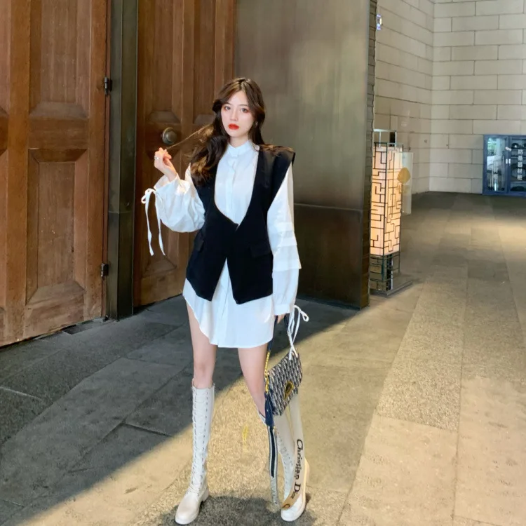 

Photo Shoot 2020 Loose-Fit Long Sleeve Stand Collar Shirt Women's Mid-length Shirt + Vest Vest Two-Piece Set Fashion