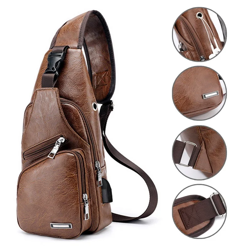 

Dihope Men's Chest Bag Men Leather Chest USB Backbag With Headphone Hole Travel Organizer Male Bag
