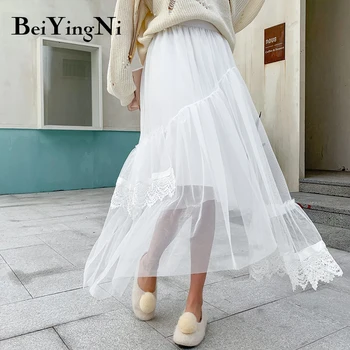

Beiyingni Irregular Tutu Skirts Womens Swing Casual 2020 Fashion Charming Midi Tulle Skirt Mesh Chic Black Pleated Falda Clothes