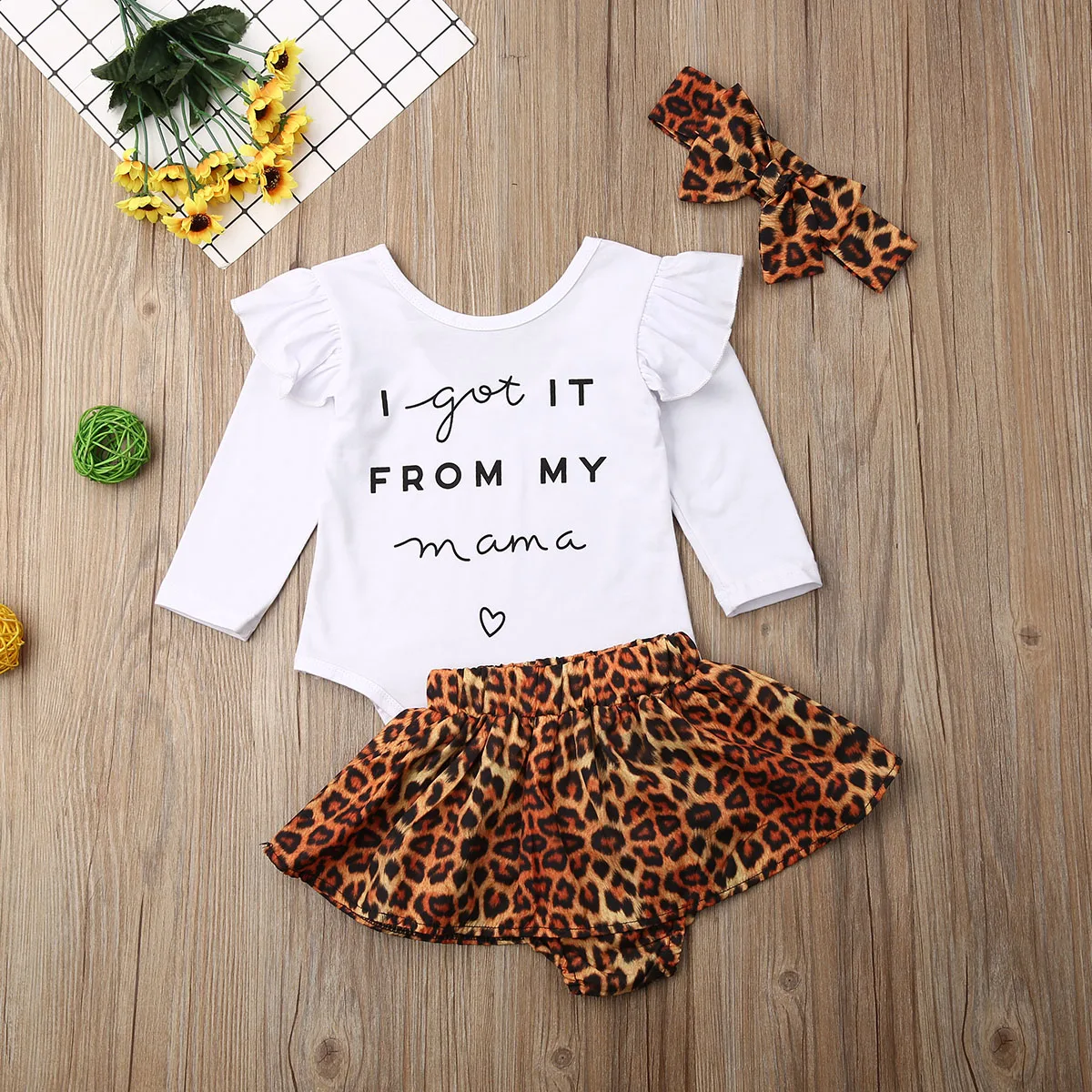 Комплект одежды из 3 предметов для новорожденных девочек 0-24 месяцев, комбинезон с оборками, топ и юбки леопарда, осенняя одежда