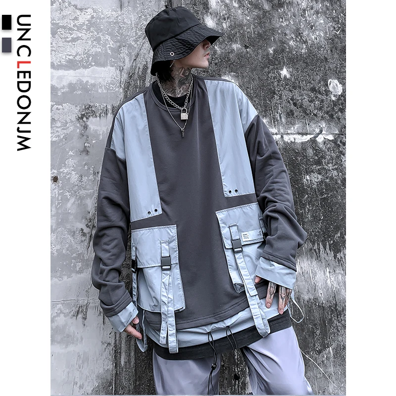 

UNCLEODNJM Buckle Ribbons Multi Pockets Color Block Patchwork Pullover Sweatshirts Hoodies Harajuku Hip Hop Casual Streetwear