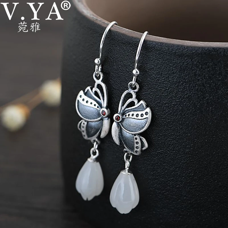 

V.YA Drop Earring 100% Real 925 Sterling Silver Jewelry Women Natural Stone Magnolia Dangle Earring Christmas Gift
