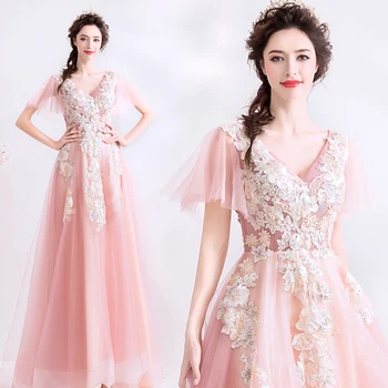 

Pink Evening Dresses A-line V-neck Tulle Lace Pearls Appliques Formal Elegant Party Dresses Evening Gowns 2020 New Fashion JK57