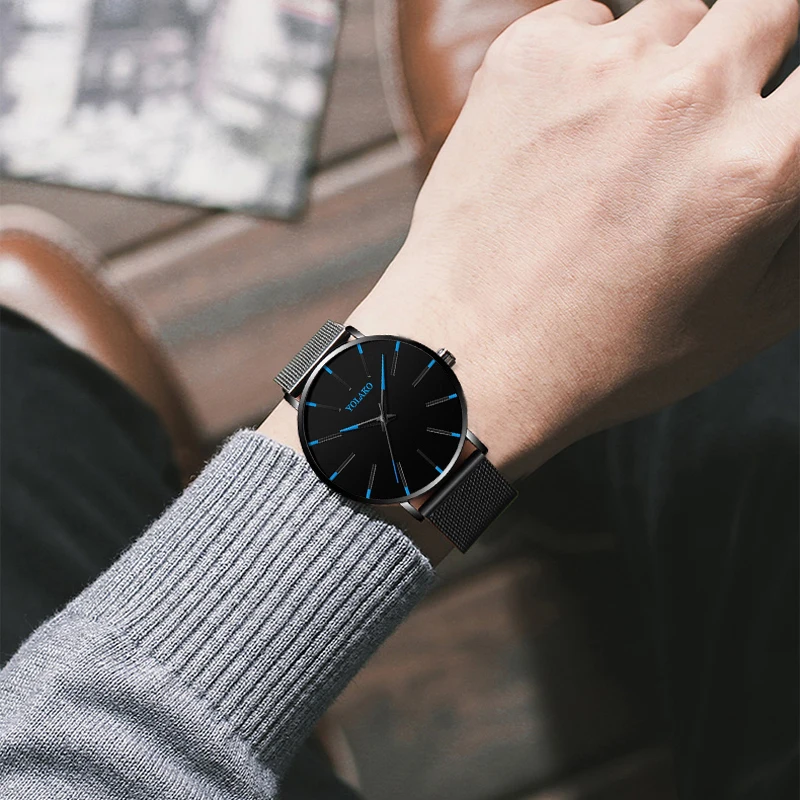 Мужские часы с синим циферблатом, повседневные, бренд, модные, кварцевые, повседневные, из нержавеющей стали, с сетчатым ремешком, ультра тонкие, подарок, деловые наручные часы