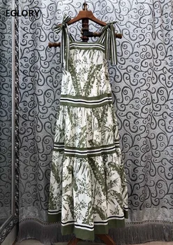 

100%Cotton Long Dress 2020 Summer Fashion Women Bow Deco Shoulder Green Leaves Print Sleeveless Long Beach Maxi Dress Clothing