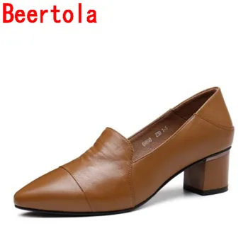 

Brand Beertola Leather Women's Pumps Pointed Toe So Kate Med Heel Slip-On Women Two Models Super Office Lady Shoes 35-40 Size