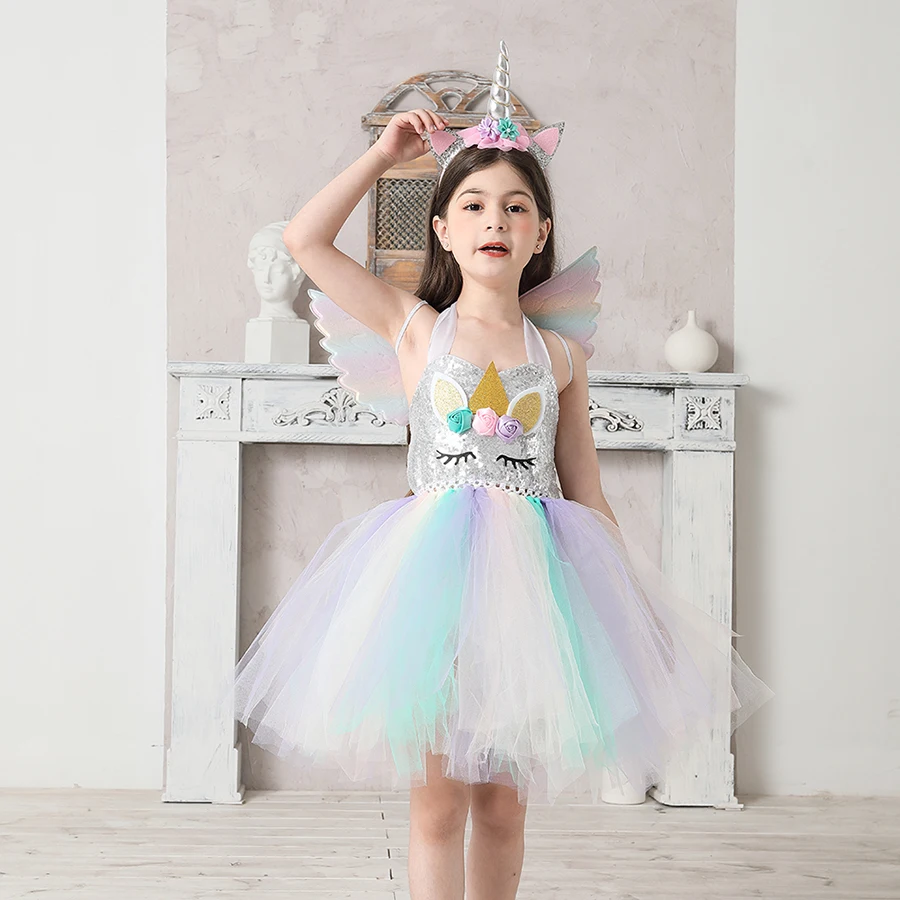 Sequin Unicorn Flower Girls Tutu Dress Pastel Rainbow Pony Dress Kids Halloween Birthday Party Carnival Costume Unicorn Outfit (2)
