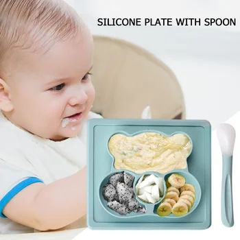 

Baby Silicone Dining Plate Anti Hot Lovely Bear Shape Lunch Tableware Cartoon Suction Kitchen Fruit Dishes Children Feeding Bowl