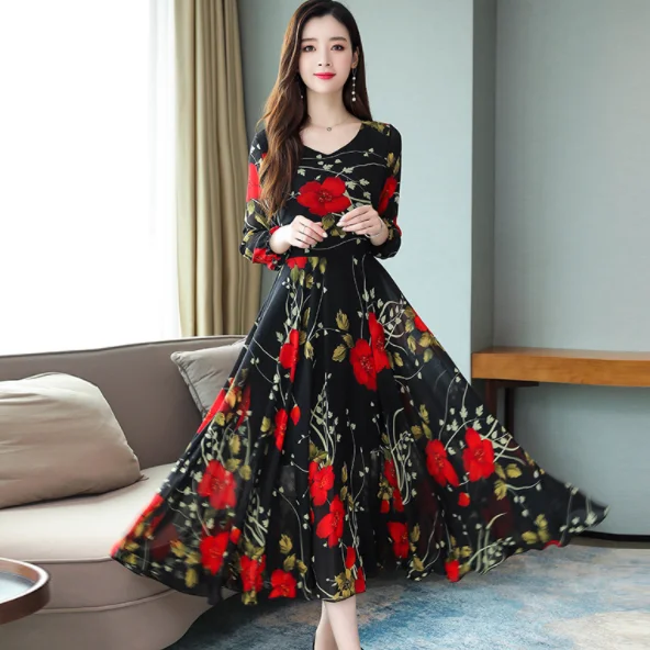High Quality 2020 Autumn New Arrival Plus Size Elegant M-3XL V Collar Flower Printed Long Sleeve Woman Chiffon Dress DA551 |
