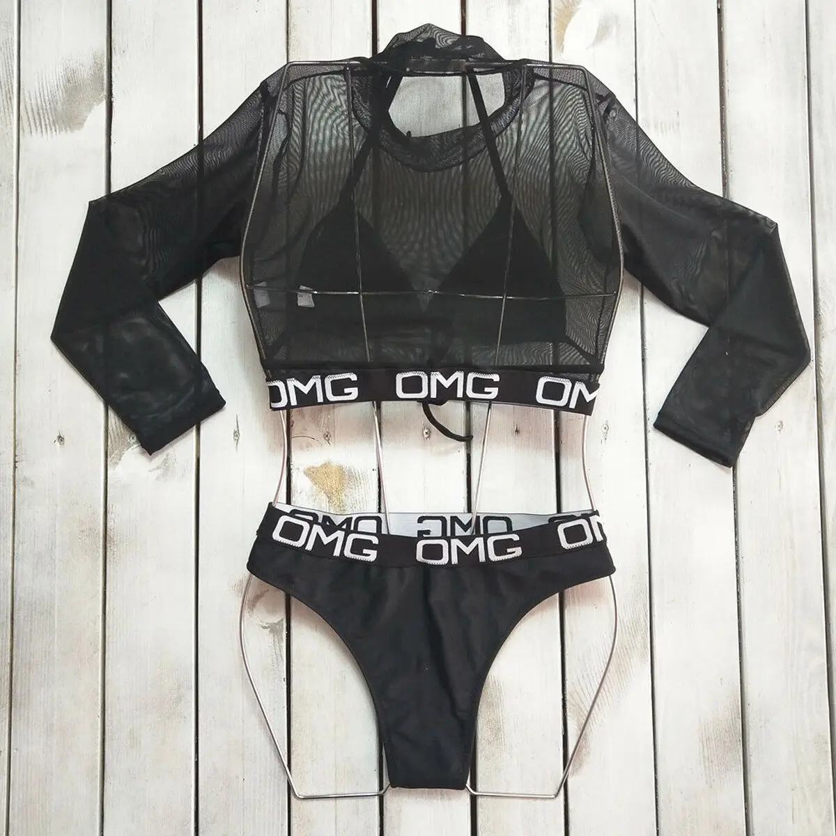 3 PCS 2019 Sexy OMG Mesh Hollow Out Turtleneck Biquini Bathing Suit Female Swimsuit High Waist Plus Size Swimwear Women Bikini bathing suits