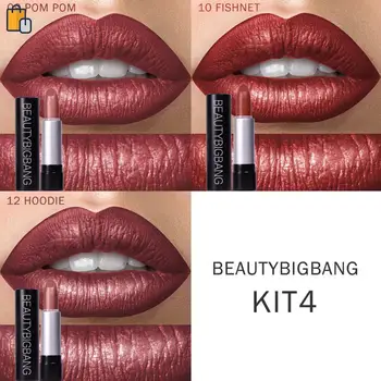 

3PC BEAUTYBIGBANG HOODIE&FISHNET&POM POM Lipstick Lip Cosmetics Pigment Long Lasting Matte Sexy Metallic Lipstick W09