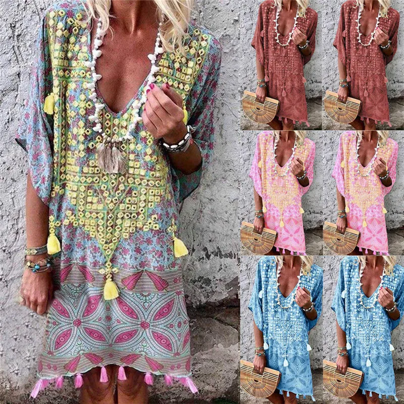 Винтажное женское платье с коротким рукавом Boho из хлопка и льна с глубоким v-образным вырезом и рукавами «летучая мышь», повседневный