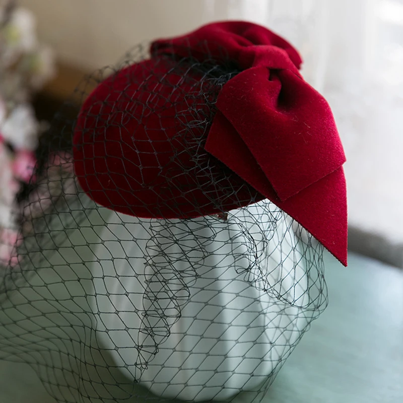 

Formal Lady Hat Royal Style Elegant Bowknot Veil Fascinator Hat Cocktail Beret Cap Lady Wedding Party Church Wool Felt Pillbox