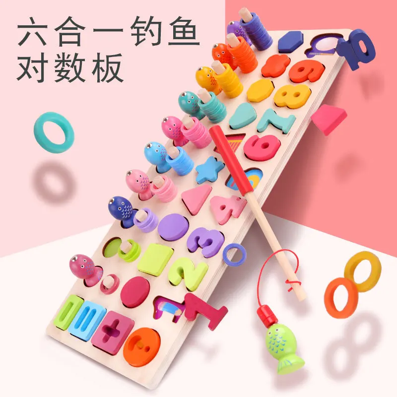 

Montessori Six-in-One Numbers Board Children with Numbers Computing Shape Matching Magnetic Fishing Wooden Color Cognitive Toy