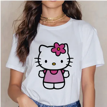 

Women's cute cat print summer fashion cartoon shirt hello kitty Harajuku Korean style T-shirt ladies aesthetic clothing T-shirt