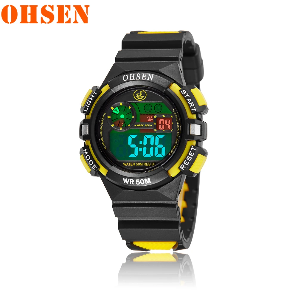 Black Yellow OHSEN/Брендовые Часы для детей, светодиодный, спортивные, хорошие, детские, цифровые, электронные часы для мальчиков и девочек, детские, с рисунком, 50 м, водонепроницаемые часы - Цвет: Black Yellow