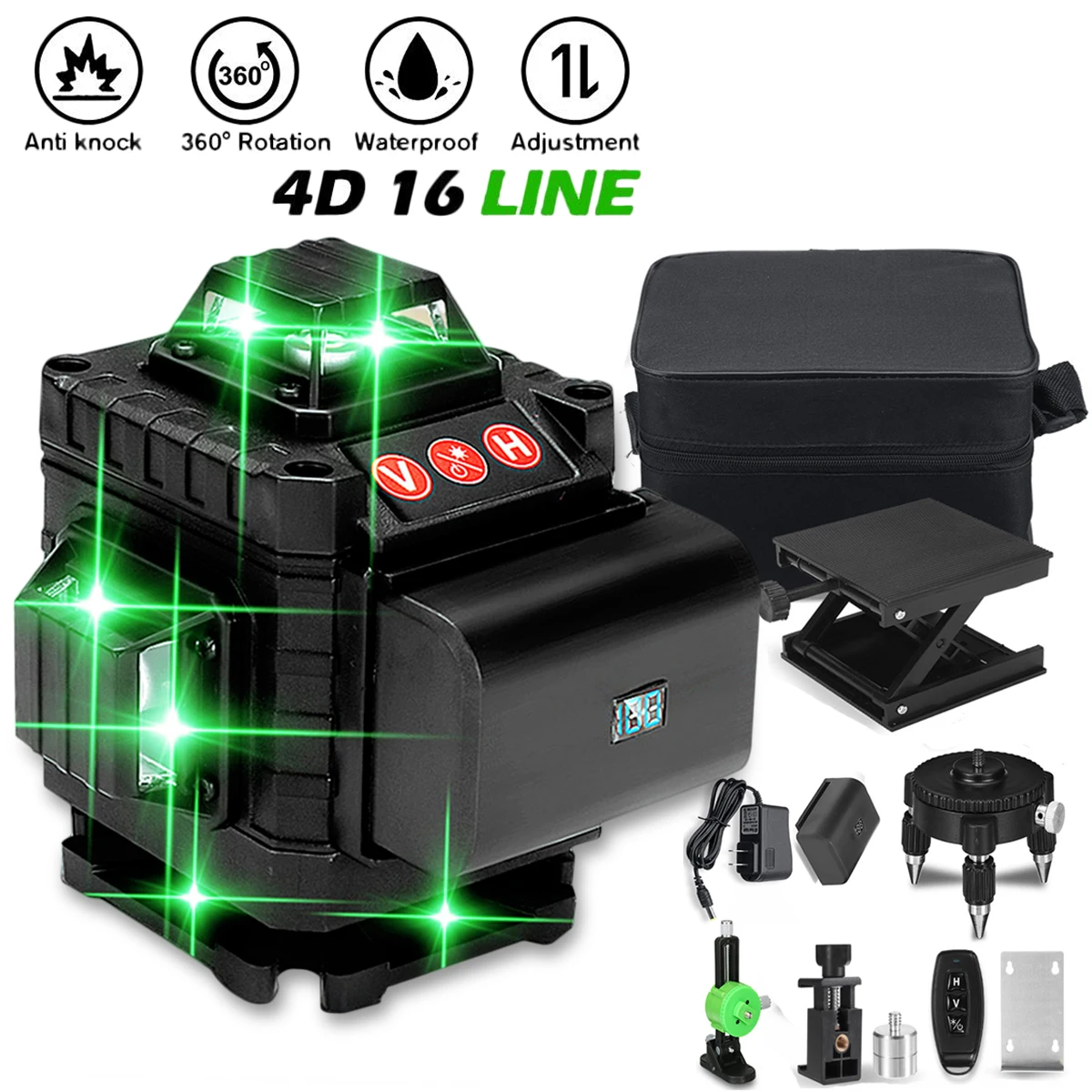 16 Lines 4D Laser Level Green Line Self Leveling Horizontal &amp360 Degree Vertical Cross with Battery for Outdoor | Инструменты