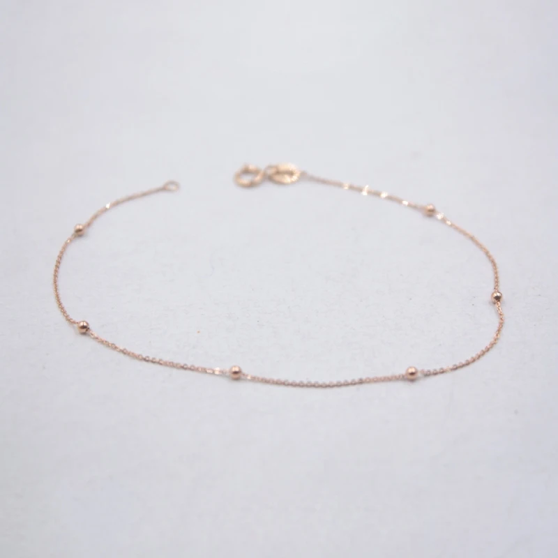 Твердый браслет из розового золота 18 К, хорошее ювелирное изделие, мини бусины и о-образный браслет на цепочке 7 дюймов 0,6 г