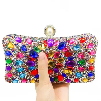 

Women Colorful Beaded Evening Metal Clutches Shoulder Bag Wedding Party Prom Bridal Handbag Purse