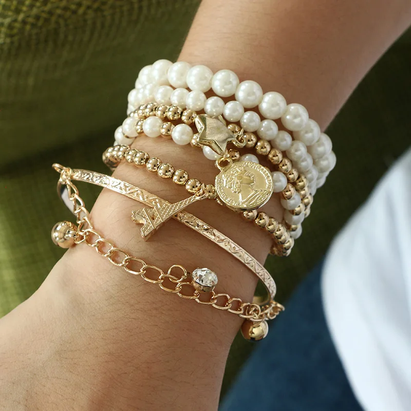 

Europa y los Estados Unidos dulce filta logo cuentas retro pulsera moneda pulsera 6 conjuntos/Cuentas elástico multicapa br