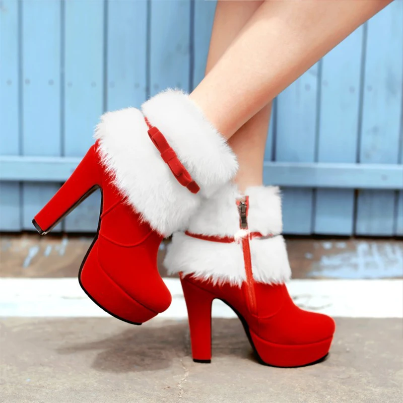Зимние женские ботинки; рождественские ботильоны; женская обувь на высоком каблуке; женские теплые полусапожки; цвет красный, черный; большие размеры 34-43