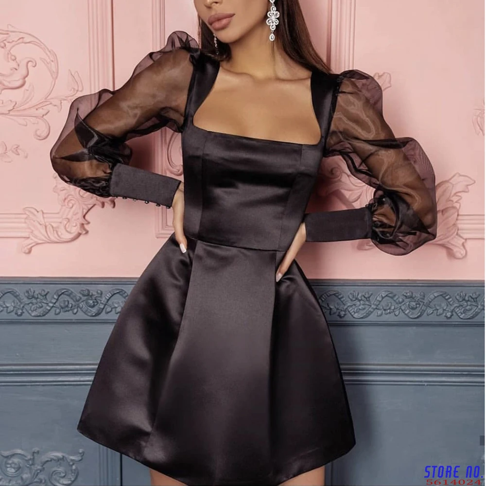 

Summer short party dress Hollow out square neck low cut puff ballon sleeves patchwork mesh night club mini dress