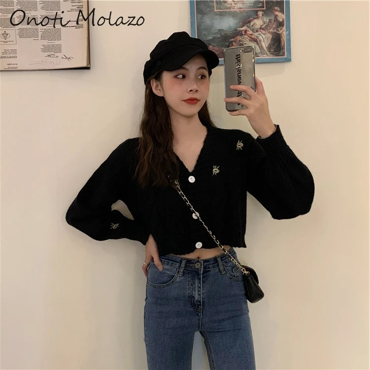 Onoti solid twist floral embroidery crop sweater korean style fashion ladies knitted cardigan autumn winter female tops  2020