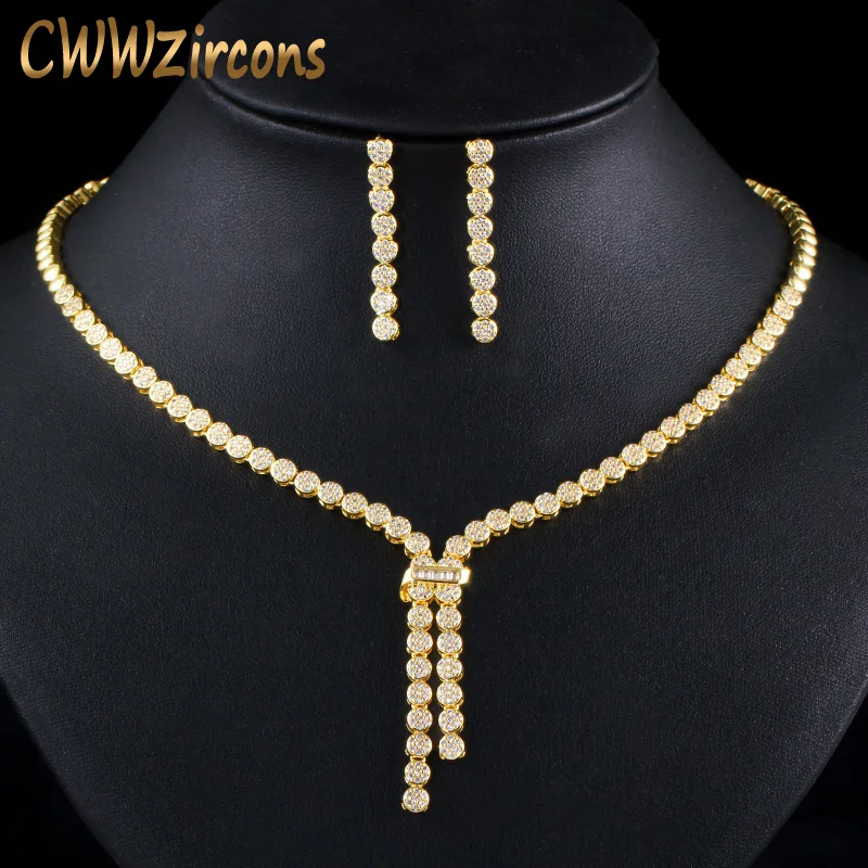 

CWWZircons African Nigerian Gold Wedding Bridal Jewelry Set Dangle Drop Earring Necklace for Women Party Dress Accessoires T406