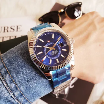 

Mens Automatic Mechanical Calendar 42mm 2813 Watch Stainless Steel Sky-Dwelle GMT Mens Luminous Business Waterproof 30M Watch