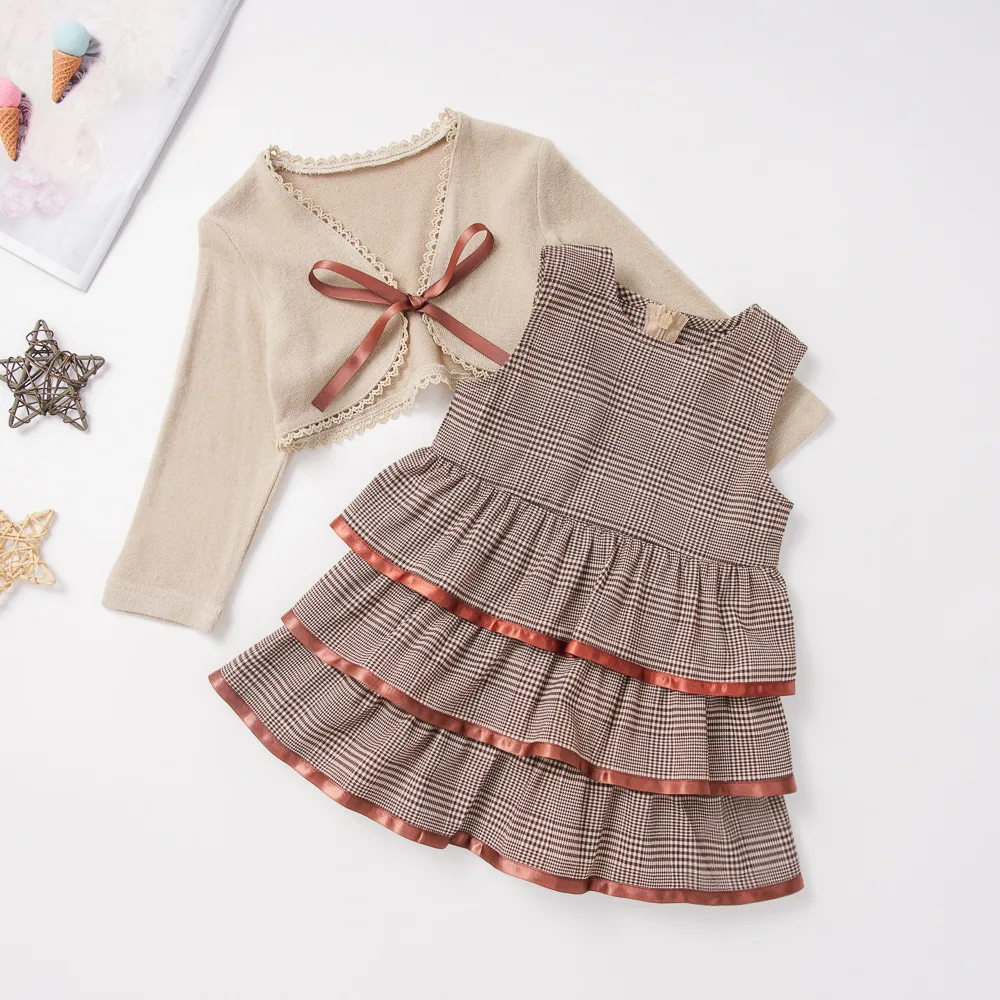 

Kids Girls Plaid Dress + Long Sleeve Bolero Sweater Outerwear Set Autumn Winter Girls Cute Warm knit coat Clothing D30