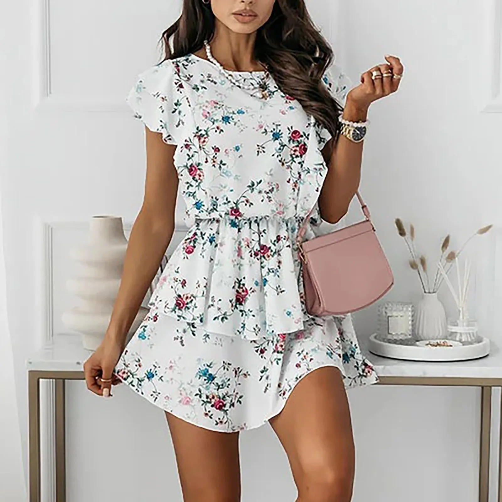 Women Floral Printed Short Sleeve Casual Loose O-neck Ruffled Stitching Cupcake Dress Refreshing Temperamental Vestido Mujer 1