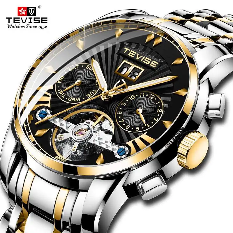 

TEVISE Automatic Mens Watches Stainless Steel Tourbillon Calendar Mechanical Men Wristwatch Top Luxury Brand Men Business Clock