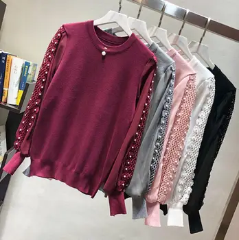 

Women 2019 Autumn Winter Hollow Out chiffom beaded Patchwork Pullover Sweaters Female Lantern Sleeve Jumper Pull Femme r1853