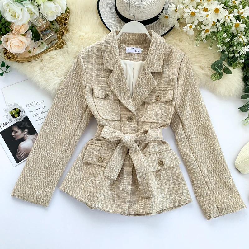 

Jacket female 2019 new autumn vintage women's retro suit ladies tweed suit blazers with belt front buttons coat autumn
