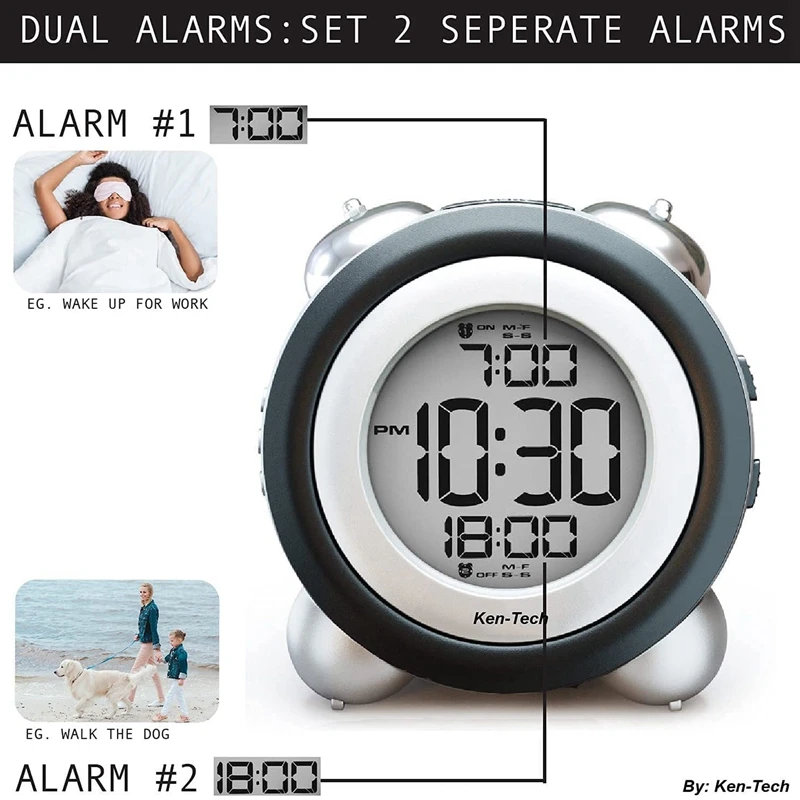 Digital Alarm Clock Time Date Display Twin Bell Very Loud for Heavy Sleepers Dual Alarm Blue Backlight for Teens 5