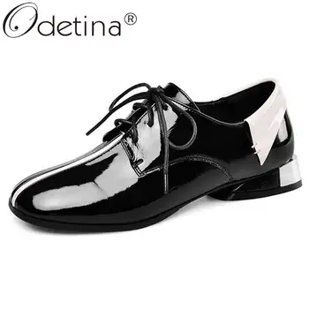 

Odetina Women Fashion Cross-tied Cow Leather Retro Derby Shoes Ladies New Square Toe Block Chunky Heel Mixed Colors Casual Shoes