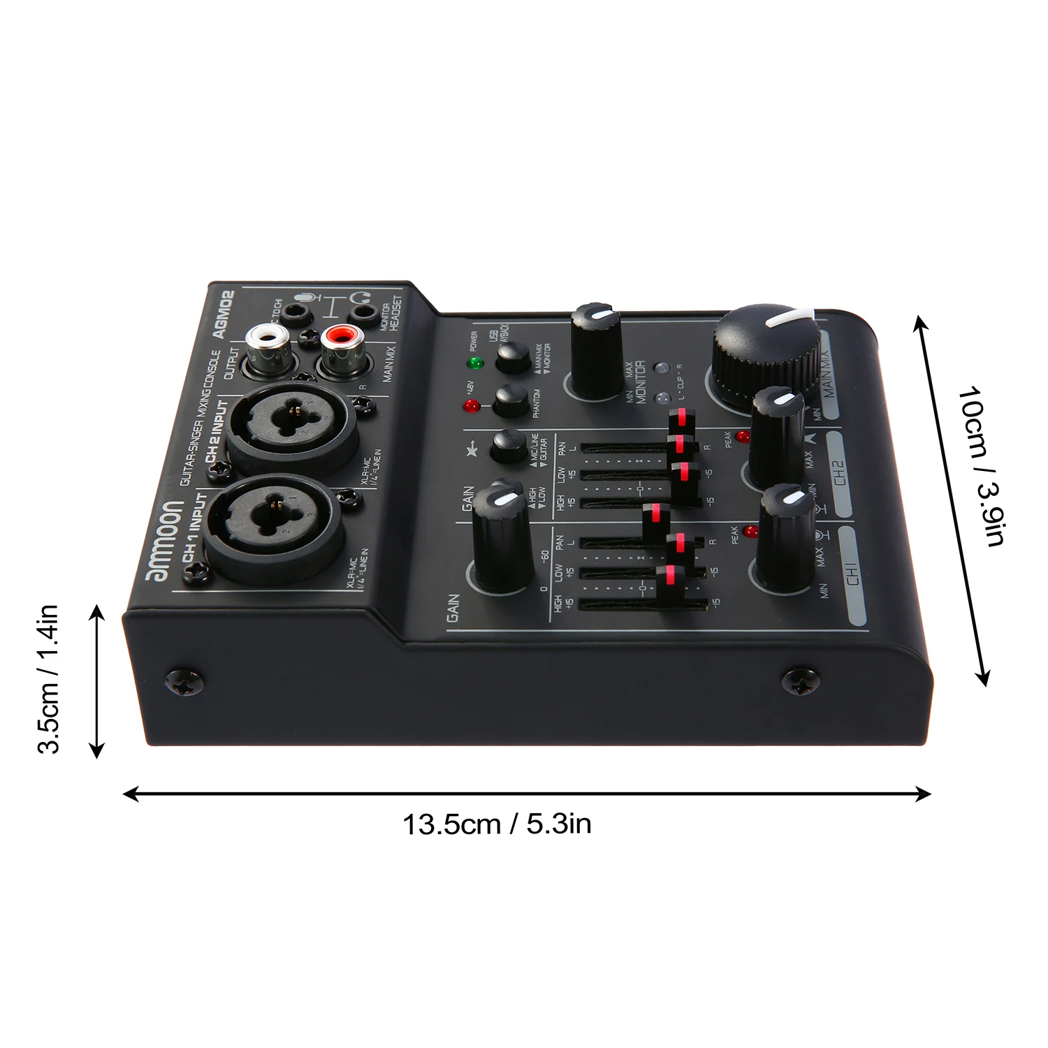 ammoon AGM02 Mini 2-Channel Sound Card Mixing Console Digital Audio Mixer 2-band EQ Built-in 48V Phantom Power for Live Karaoke