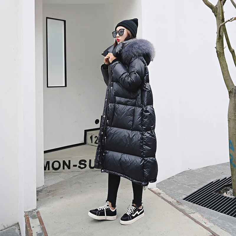 Стиль, европейские товары, большой пуховик с меховым воротником, женское длинное плотное пуховое пальто выше колена, свободное зимнее женское пальто