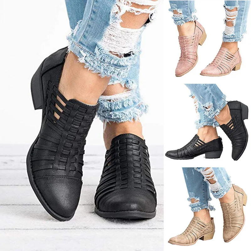 

Shoes Woman High Heels Western Boots Women's Casual Ankle Boots Cut Out Slip On Low Heel Short Slip on Boots
