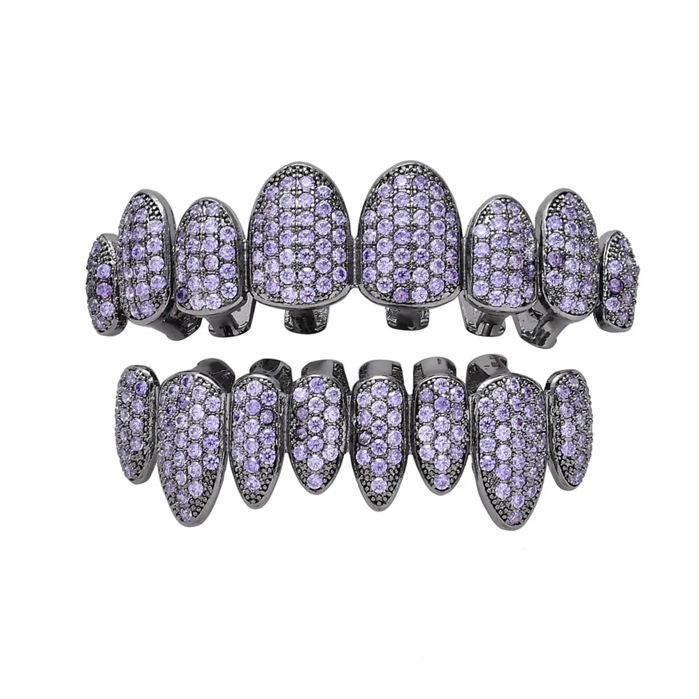 Purple Set Хип-хоп Iced Out Bling Teeth Grillz Micro Pave CZ радужные грили для мужчин и женщин, вечерние, косплей, украшения для тела - Окраска металла: Purple Set