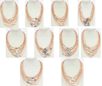 

17"-24" 15row white pink purple gray black Assorted pearls beads Strand khaki leather necklace j9711-3