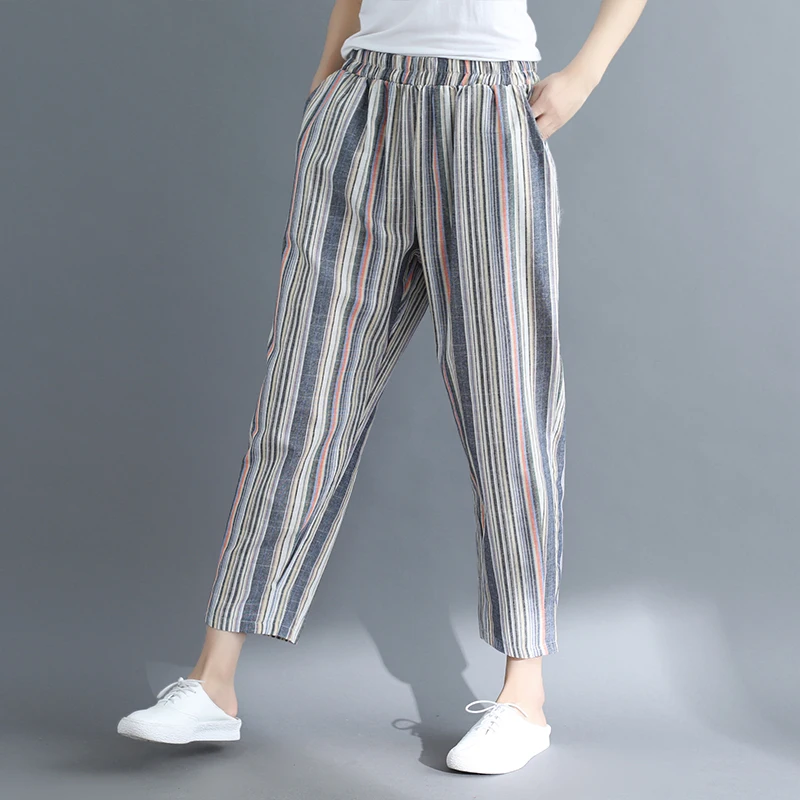 Trousers Women Spring Summer Literature Large Size Loose Pants Loose-Fit Vertical Striped Cotton Linen Female Harem | Женская одежда
