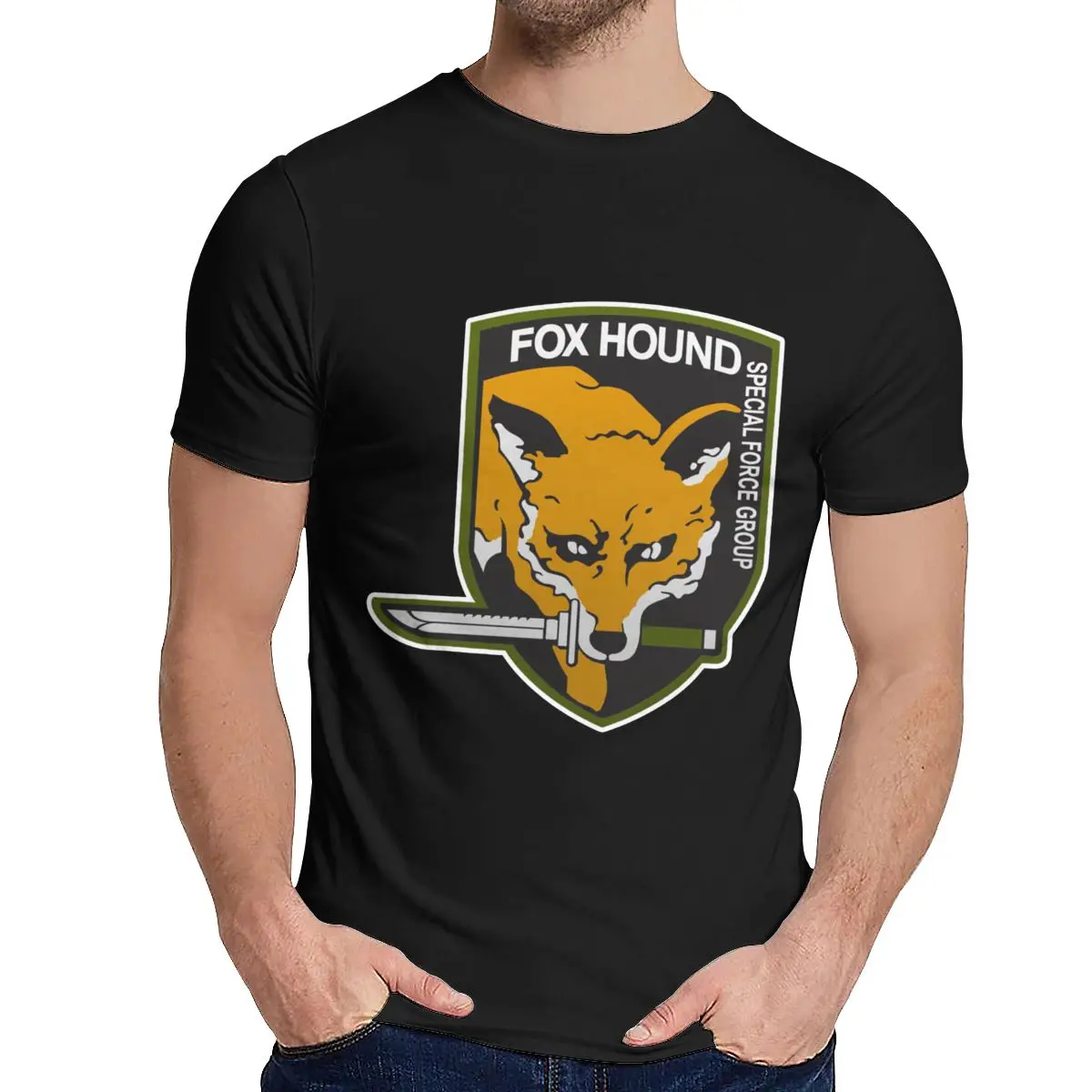 Винтаж Metal gear Solid Fox Forces Group Tee Мужская хипстерская футболка из натурального хлопка с круглым вырезом - Цвет: Черный