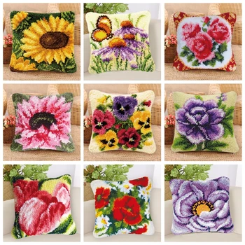 

Latch Hook Kit Cushion Pillow DIY Crafts Flower Cross Stitch Needlework Set Crocheting Cushion Embroidery Latch Hook Rug Canvas