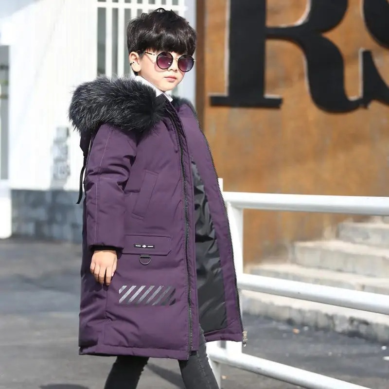 ZQLZ/зимняя куртка на утином пуху с мехом енота для больших мальчиков Новинка года, Повседневная теплая детская верхняя одежда с капюшоном Свободное пальто для мальчиков - Цвет: Фиолетовый