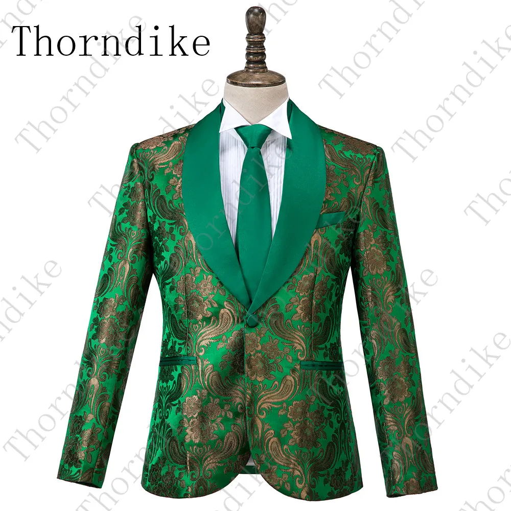 

Thorndike 2019 New Gold Jacquard Green Blazer Men Wedding Suit Coat Singer Style Host Master Stage Jacket Formal dress Blazer