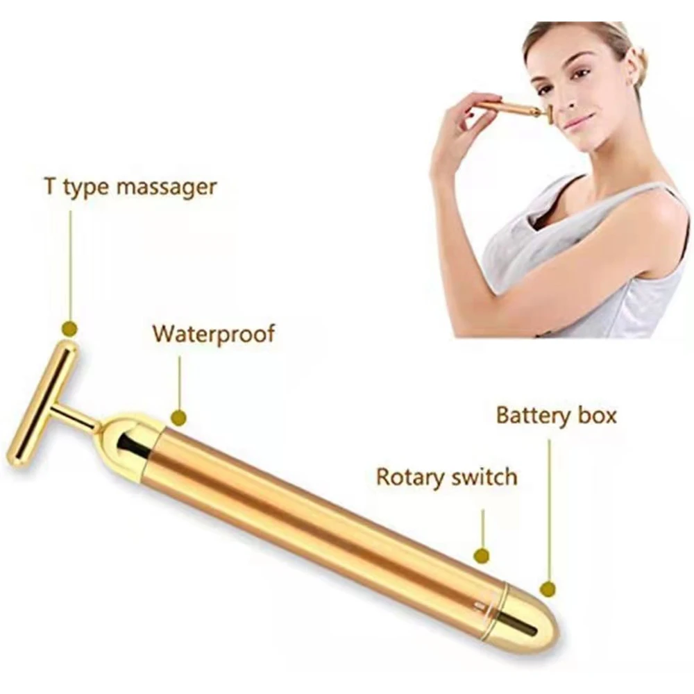 Facial massager face slimming massager 24K Gold Electric Facial Roller Bar Vibrating Face Beauty Massager T Shape Face Lift Anti-Wrinkles Skin Tightening Firming Tool