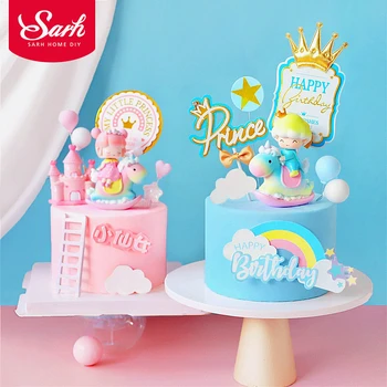 

Rainbow hobbyhorse Girl Princess Little Bow Prince Boy's Happy Birthday Cake Topper Kid Party Supplies Blue Love Gifts