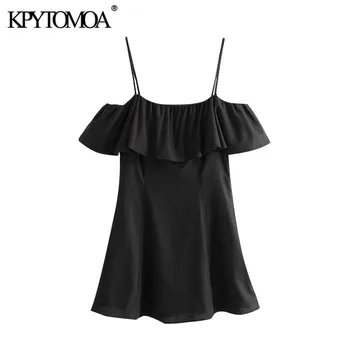 

KPYTOMOA Women 2020 Chic Fashion With Lining Ruffled Mini Dress Vintage Side Zipper Spaghetti Strap Female Dresses Vestidos